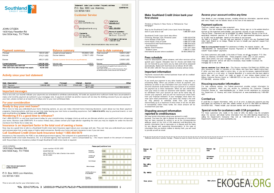 États , Unis California Southland Credit Union Relevé hypothécaire aux formats Word et PDF, 2 pages